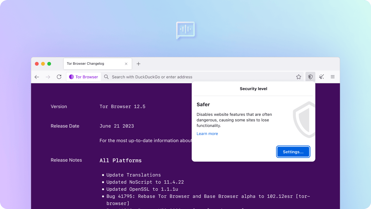 Скрыншот унутранага часопіса змен з разгорнутай панэллю ўзроўняў бяспекі ў Tor Browser для настольных камп’ютараў