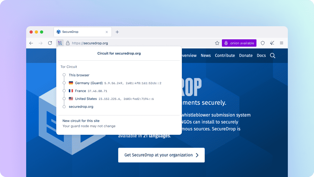 Скрыншот абноўленага адлюстравання схемы для securedrop.org у Tor Browser для настольных камп’ютараў