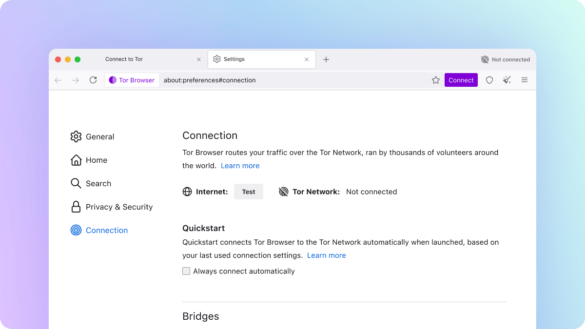 Capture d'écran de l'onglet Paramètres de connexion avant de se connecter dans Tor Browser pour ordinateur de bureau