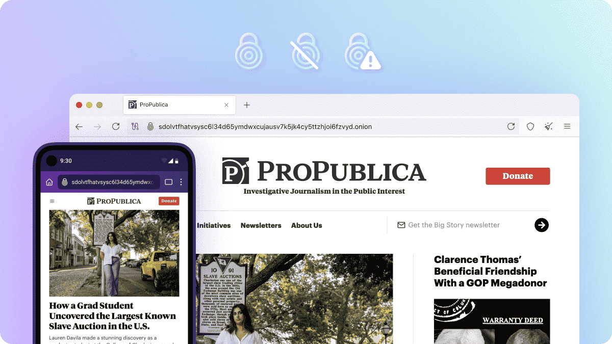 Скрыншот onion сайта ProPublica у Tor Browser для настольных кампутараў і Android